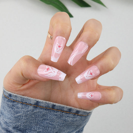 Romantic Swan Theme Long Coffin Pink and White Press On Nail Set with Heart Design