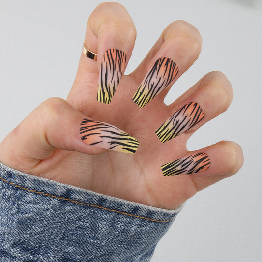 Wild Safari Long Coffin Gradient Press On Nail Set with Vibrant Tiger Stripe Design