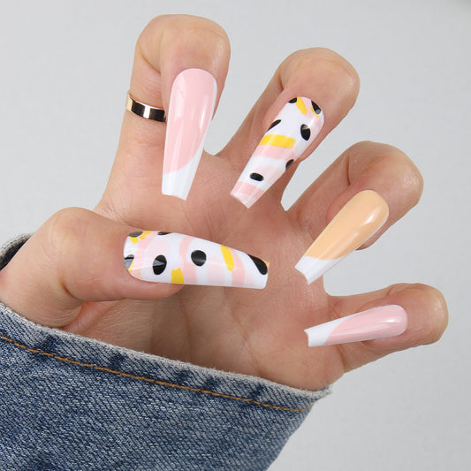 Fun Tropical Paradise Extra Long Coffin Press On Nail Set in Soft Pink and Whimsical White with Playful Dots and Stripes