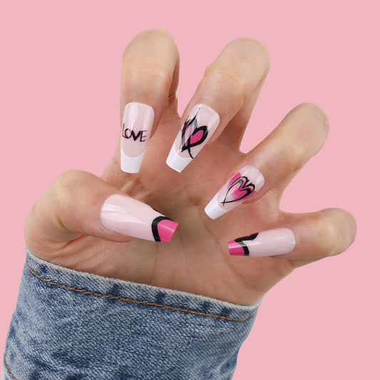 Love Struck Extra Long Coffin Pink and White Press On Nail Set with Heart Designs