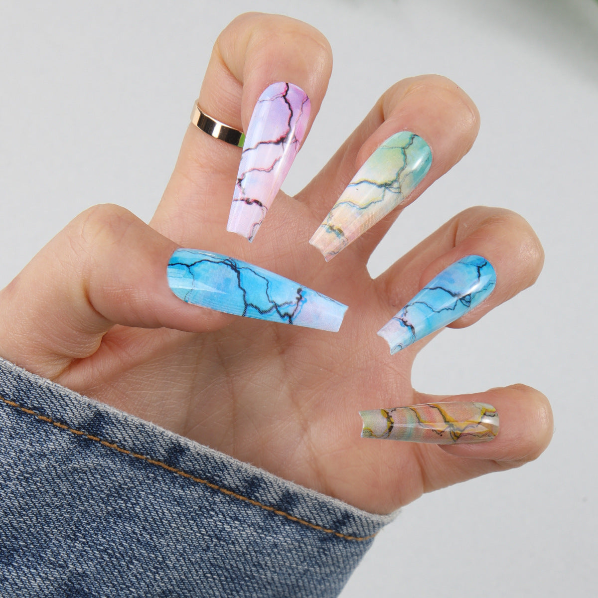 Dreamy Oasis Long Coffin Press On Nails in Pastel Blue Pink Green with Unique Marble Design