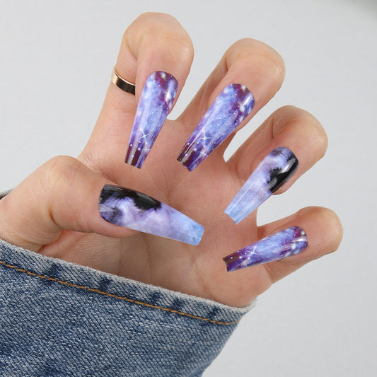 Galactic Dreams Long Coffin Press On Nail Set Purple Blue Ombre with Starry Design