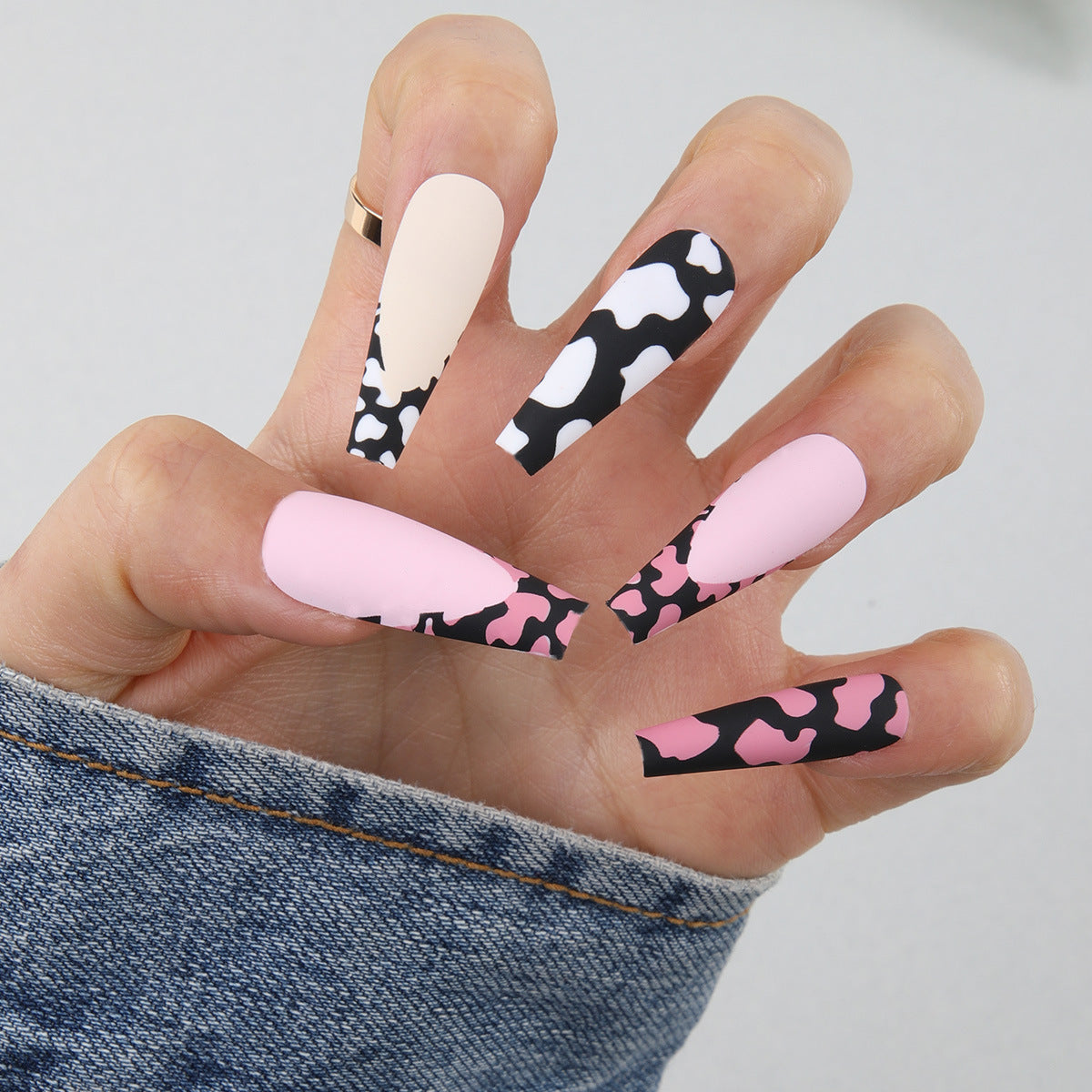 Cowgirl Chic Long Coffin Press On Nail Set in Black Pink and White with Trendy Camo Design