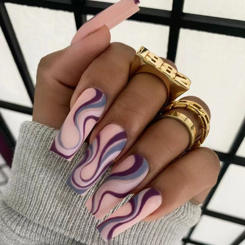 Mystical Waves Long Square Press On Nail Set in Soft Pink and Purple with Unique Swirled Design