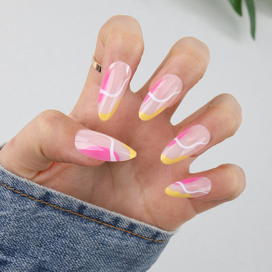 Tropical Vibes Long Almond Press On Nail Set Pink and Yellow Artistic Design