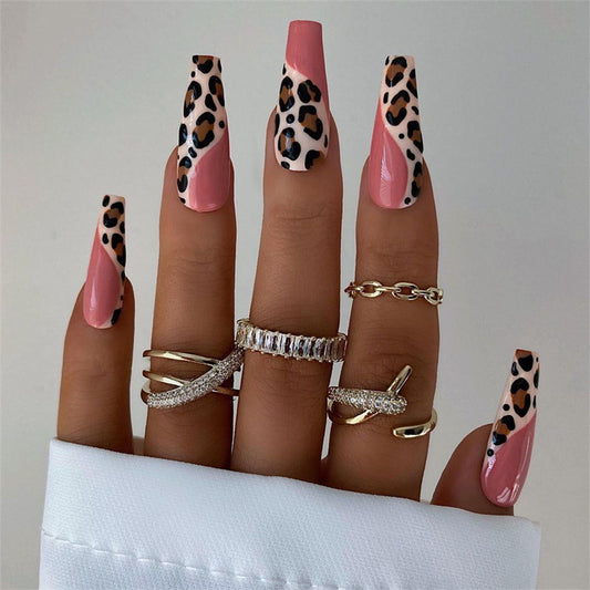 Wild Chic Long Coffin Pink and Leopard Print Press On Nail Set with Unique Glossy Finish