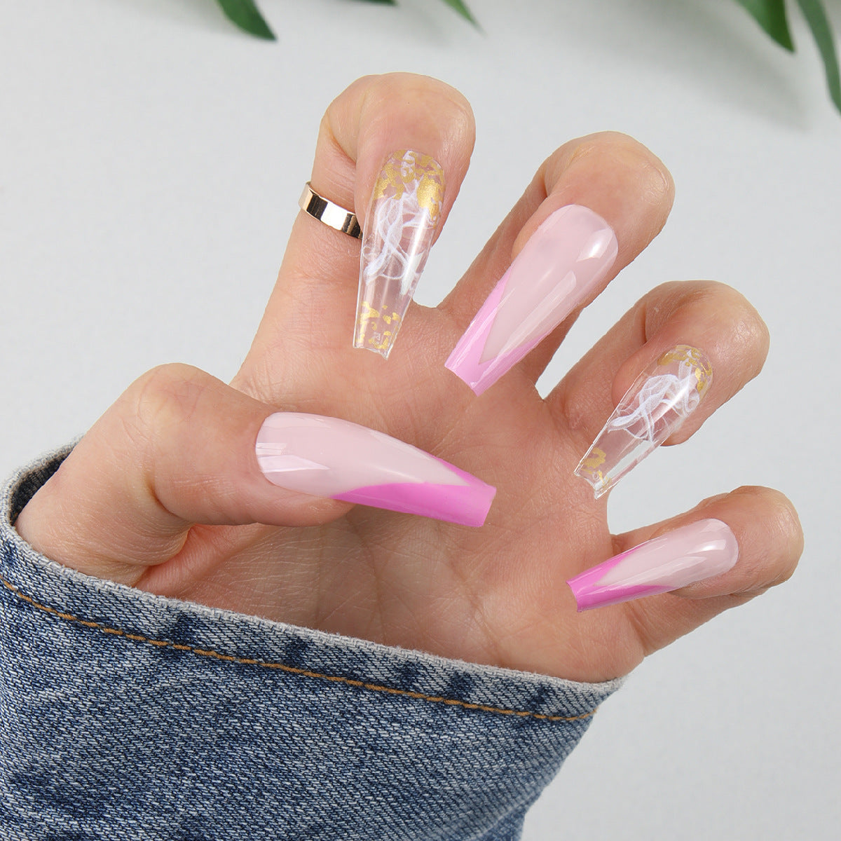 Glamorous Pink and Clear Long Coffin Shaped Press On Nail Set with Gold Flakes and Artistic Swirls