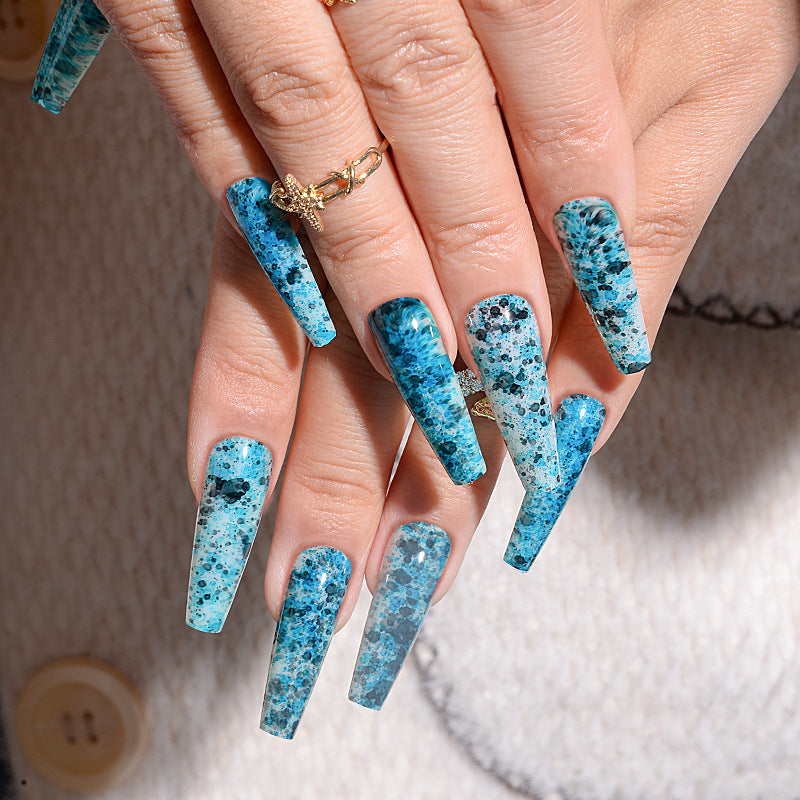 Ocean Breeze Long Coffin Press On Nail Set in Blue Ombre with Unique Speckled Design