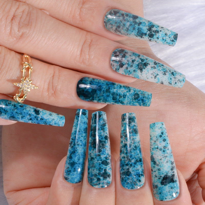 Oceanic Dream Long Coffin Press On Nail Set in Blue Green with Unique Speckled Design