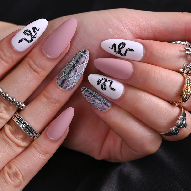 Sleek Serpent Dreams Long Almond Press On Nails Matte Dusty Pink and White with Snake Design