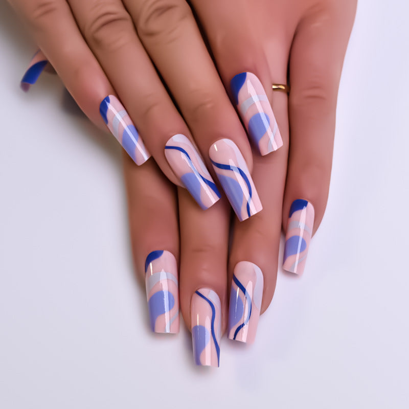 Whimsical Waves Long Square Press On Nail Set Blue and Pink Color with Artistic Abstract Design