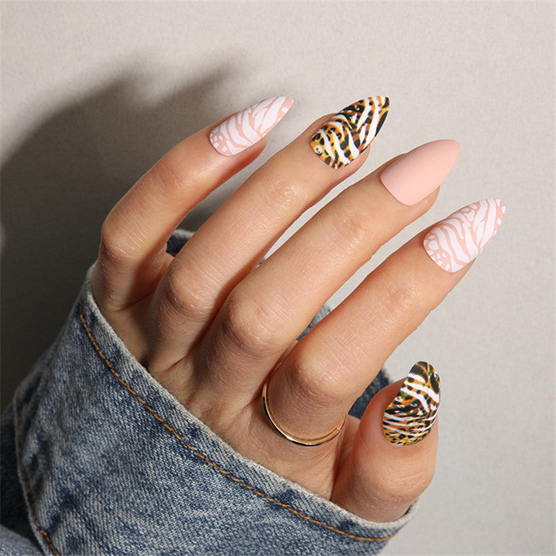 Wild Safari Glam Long Almond Press On Nail Set in Soft Pink and Bold Leopard Print with Unique Glossy and Matte Finish Mix