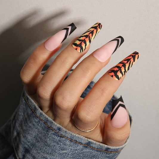 Fierce Jungle Long Coffin Press On Nail Set in Pink Black and Orange with Wild Animal Print Design