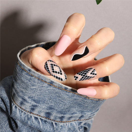 Urban Chic Long Almond Pink and Black Press On Nail Set with Unique Wavy Design