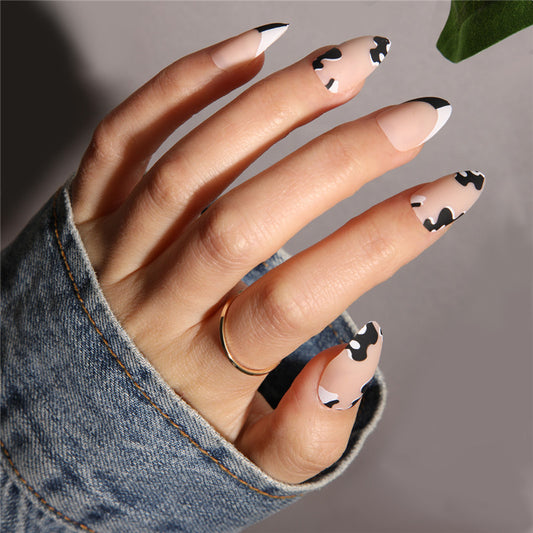 Wild West Chic Long Almond Press On Nail Set in Soft Beige with Black Cow Print Design