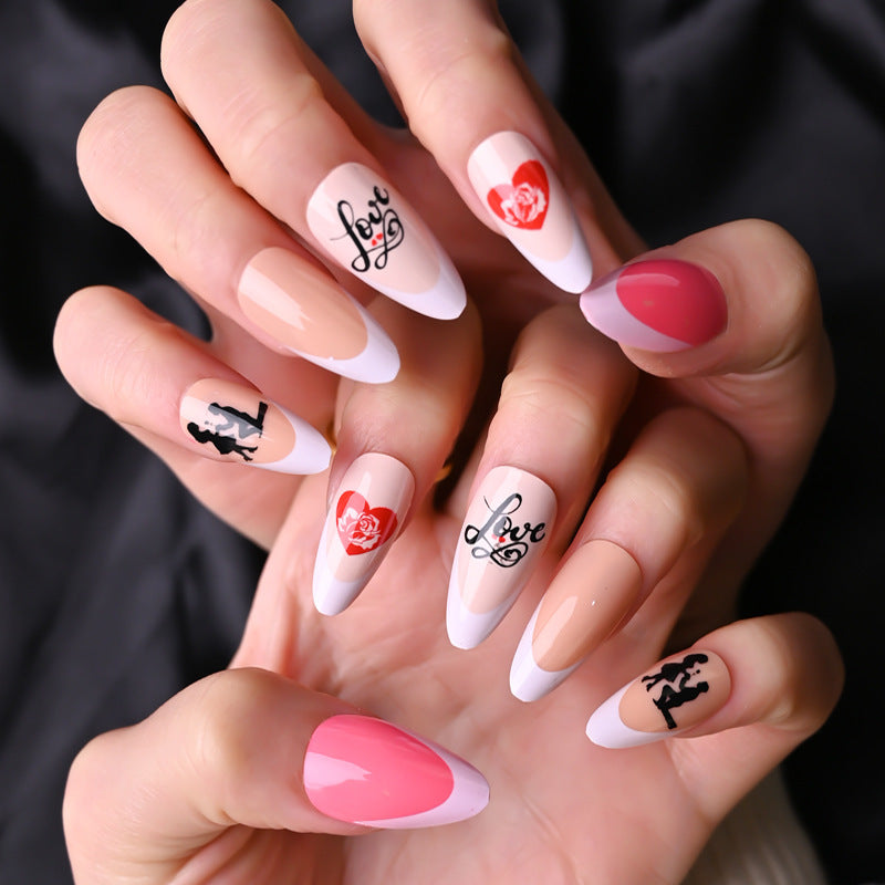 Romantic Elegance 12 Long Almond Shape Red Pink and White Press On Nail Set with Love and Rose Designs