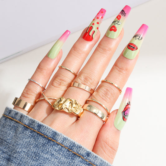 Sweet Treats Long Coffin Shaped Green and Pink Press On Nail Set with Fun Pop Art Design