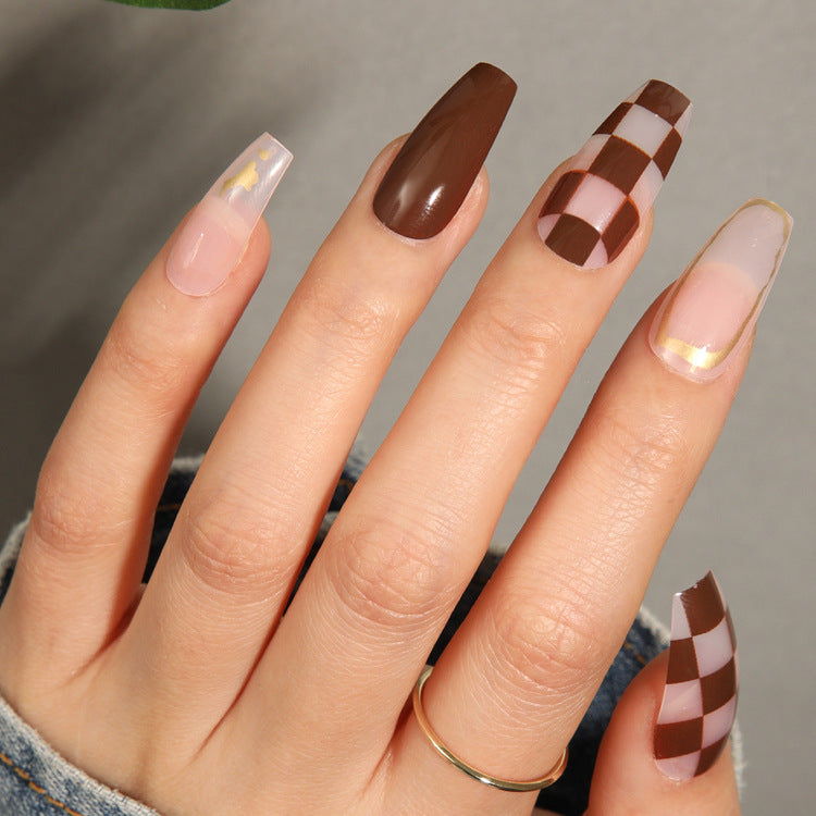 Fashion Forward Extra Long Coffin Press On Nail Set in Brown Pink with Unique Checkerboard Accent Design