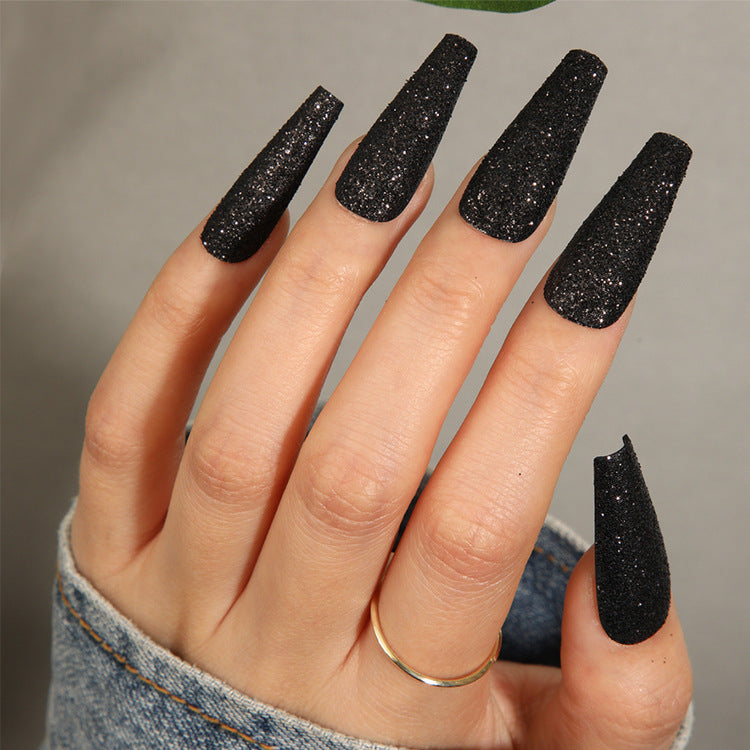 Glamorous Night Sky Long Coffin Shape Black Glitter Press On Nail Set with Stunning Sparkle Effect