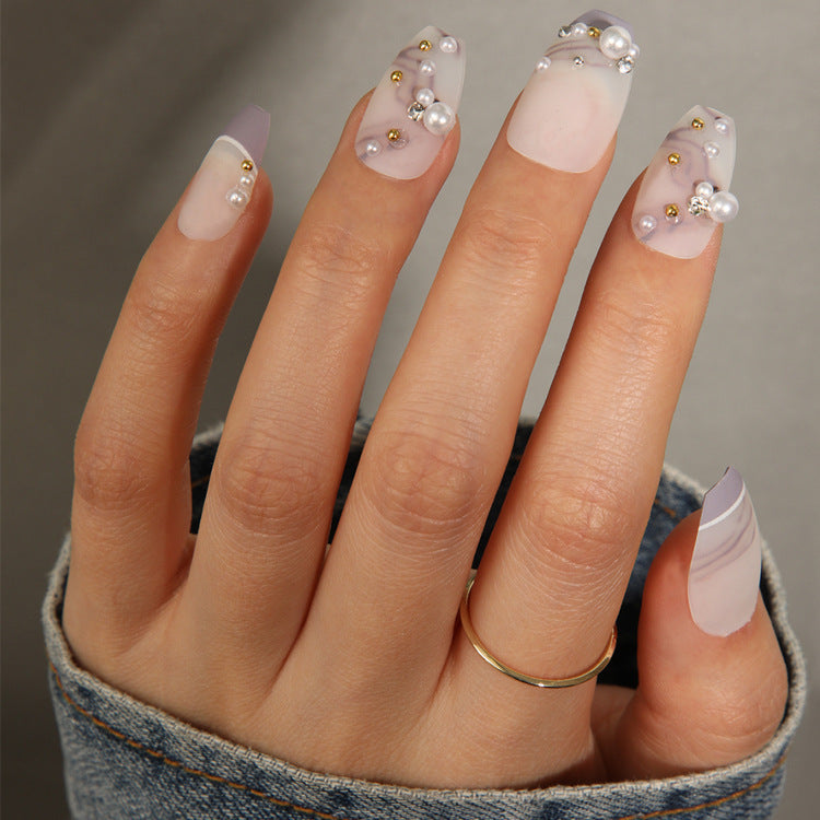 Elegant Pearl Fantasy Long Coffin Press On Nail Set in Soft Lavender with Embellished 3D Pearls and Gold Accents