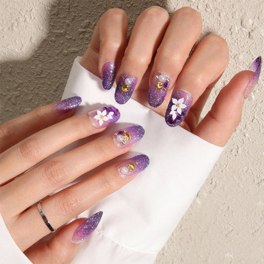 Glamorous Floral Fantasy Long Oval Gradient Purple Press On Nail Set with Glitter and 3D Floral Accents