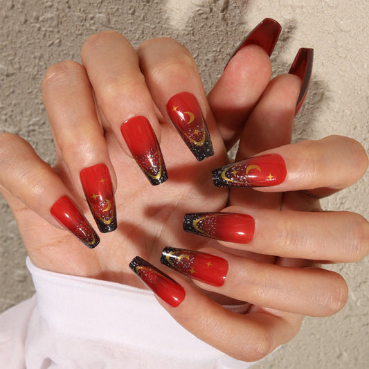 Celestial Nights 12 Long Coffin Red and Black Glitter Gradient Press On Nail Set with Star and Moon Accents