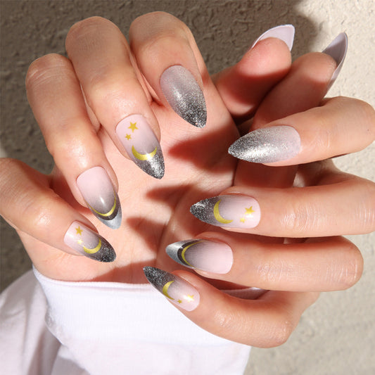 Celestial Dream Long Almond Ombre Gray and Pink Press On Nail Set with Glitter and Moon Designs