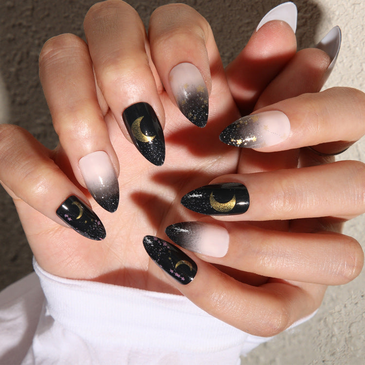 Celestial Dream Long Almond Black and Ombre Press on Nail Set with Moon and Star Accents