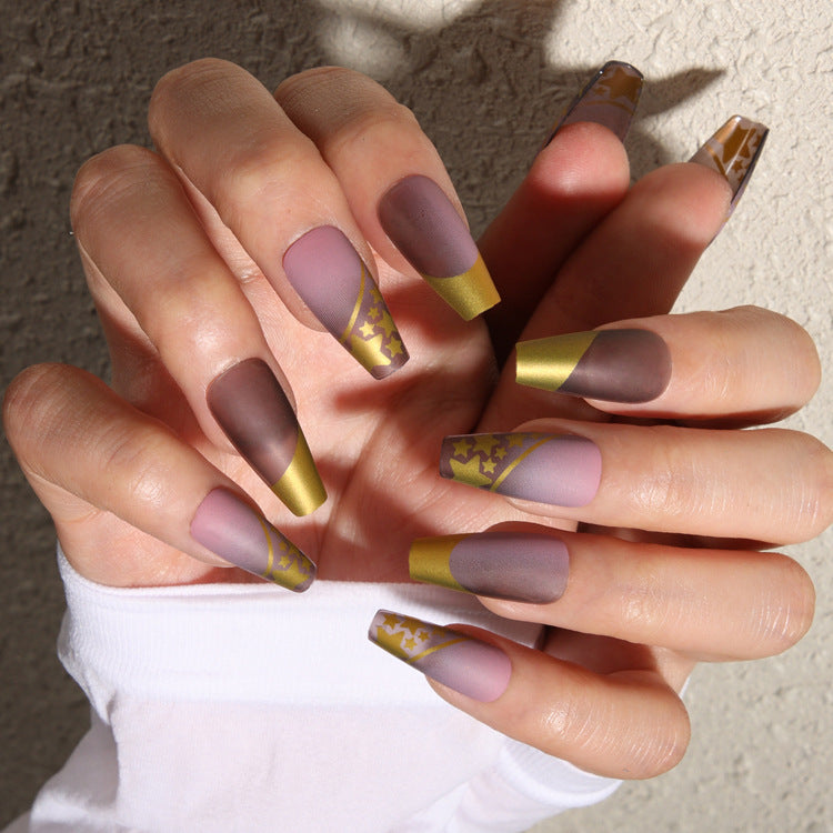 Celestial Chic Long Coffin Matte Purple and Gold Press On Nail Set with Star Accents