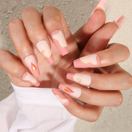 Sunset Bliss Long Coffin Shape Pink Press On Nail Set with Gold Accent Artistry