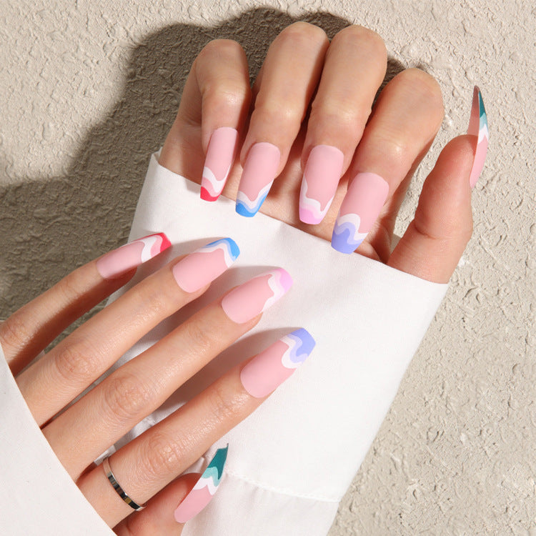 Ocean Breeze Long Coffin Press On Nail Set in Soft Pink with Colorful Wave Design