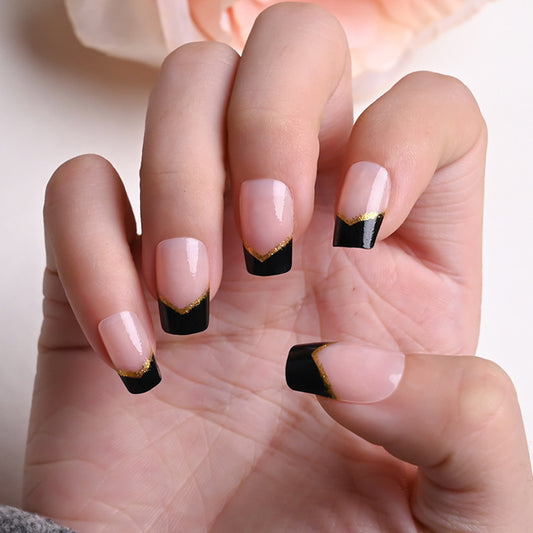 Glamorous Gold Accent Long Square Press On Nail Set in Black and Beige with Chevron Design