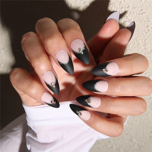 Gothic Elegance Long Stiletto Black and Beige Press On Nail Set with Rhinestone Accents