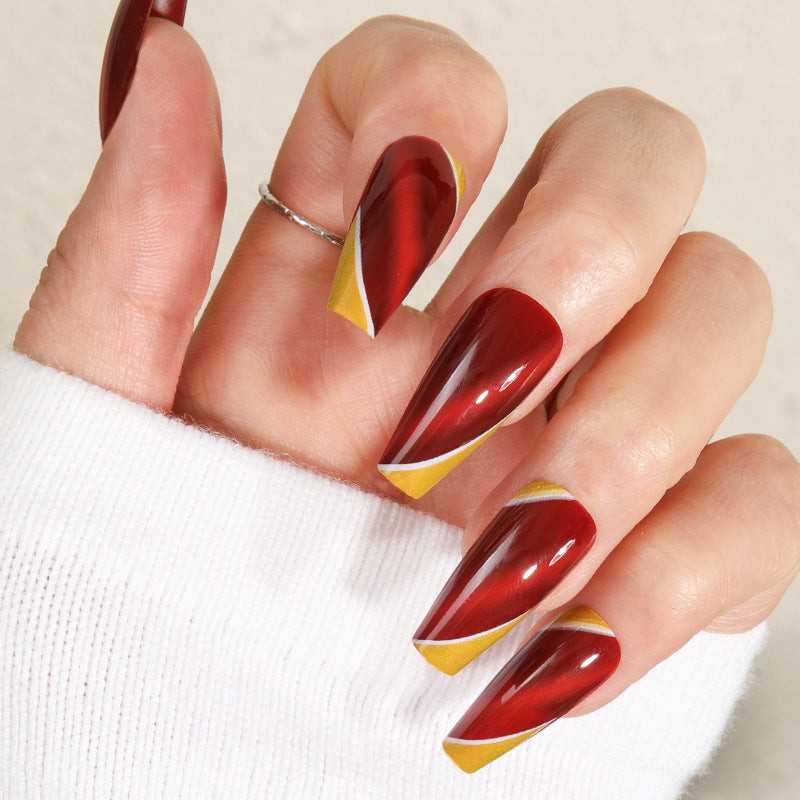 Autumn Elegance Long Coffin Red and Yellow Sharp Press On Nail Set with Geometric Design