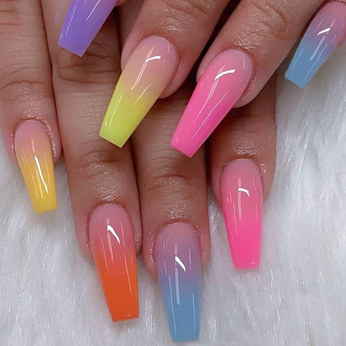 Rainbow Dream Long Coffin Ombre Glossy Press On Nail Set with Vibrant Colors and Unique Gradient Effect