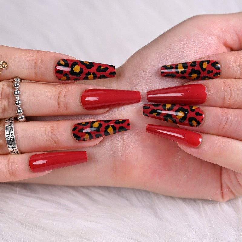 Wild Elegance Long Coffin Red and Leopard Print Press On Nail Set with Glossy Finish