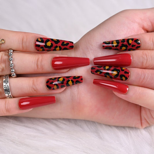 Wild Elegance Long Coffin Red and Leopard Print Press On Nail Set with Glossy Finish