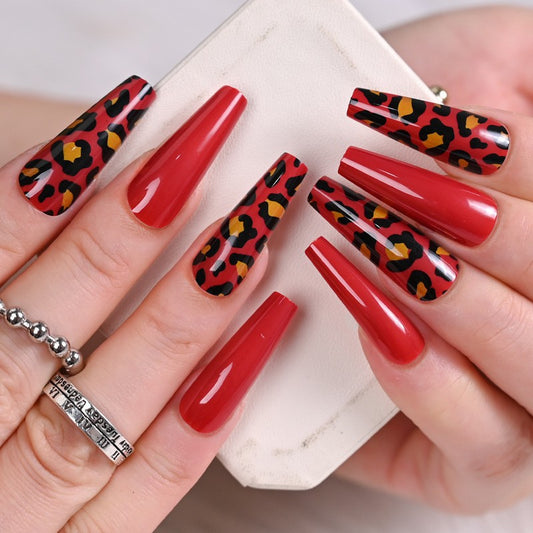 Wild Safari Long Coffin Red and Leopard Print Press On Nail Set with Glossy Finish