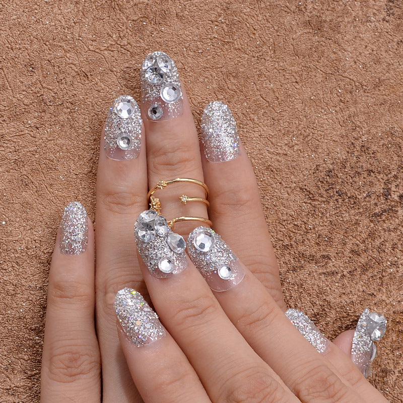 Sparkling Night Glamour long Oval silver glitter press on nail set with dazzling rhinestone accents