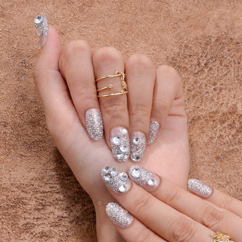 Glimmering Glamour Long Oval Silver Sparkle Press On Nail Set with Dazzling Rhinestones