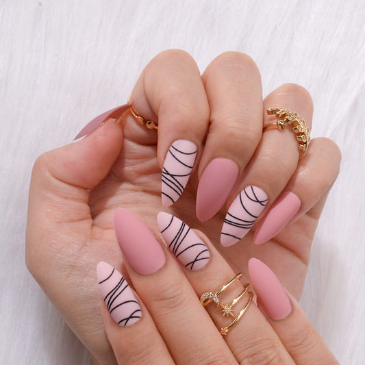 Chic Blush Rose 9cm Almond Press On Long Nail Set in Matte Pink with Elegant Black Swirls Design