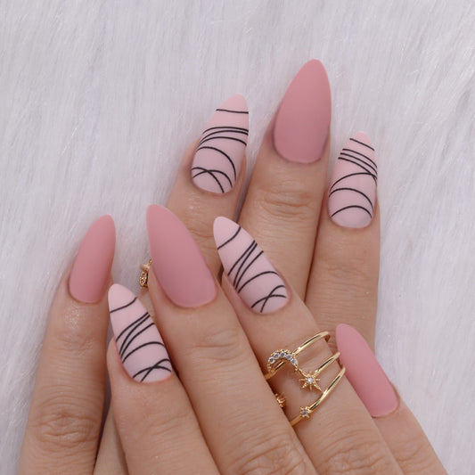 Chic Blush Fantasy Long Almond Shape Pink Matte Press On Nail Set with Unique Black Stripes Design