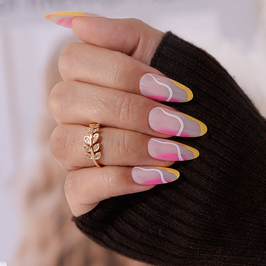 Tropical Sunset Long Almond Press On Nail Set in Pink Yellow and Clear with Wave Design