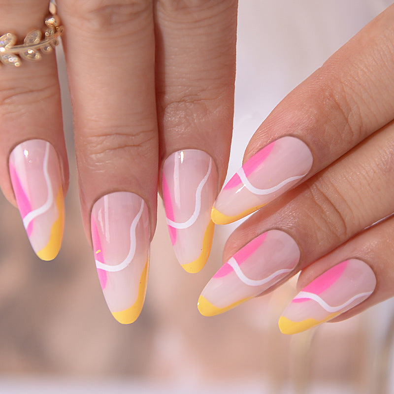 Tropical Sunset Long Almond Press On Nail Set Pink and Yellow Wavy Design with Glossy Finish