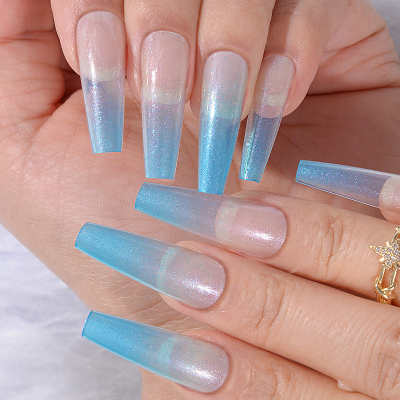 Ocean Breeze Long Coffin Blue Ombre Press On Nail Set with Iridescent Shine