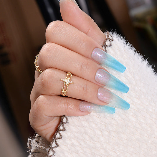 Ocean Breeze Long Coffin Press On Nail Set Gradual Blue Ombre with Sparkling Glitter Finish