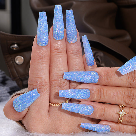 Sparkling Ocean Dream Extra Long Coffin Press On Nail Set in Shimmering Light Blue with Glitter Finish