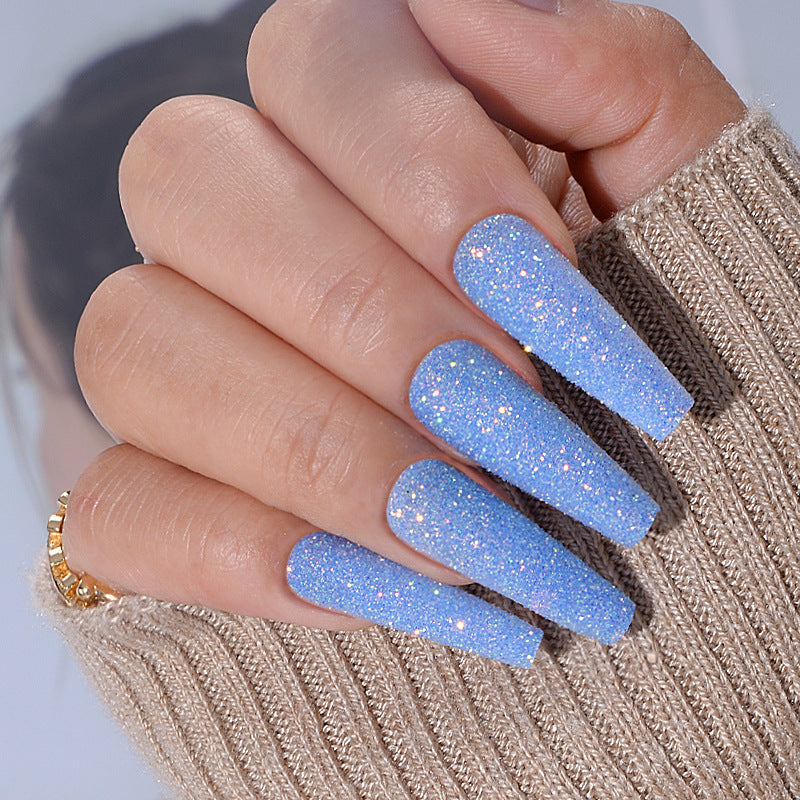 Enchanting Sky Blue Extra Long Coffin Press On Nails with Sparkling Glitter Finish