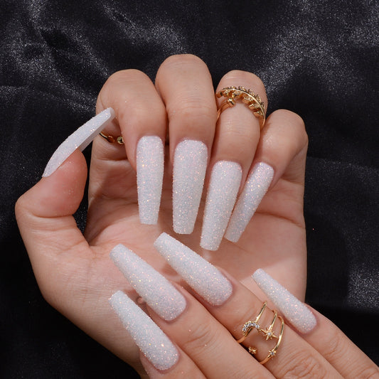 Glistening Frosted Elegance Extra Long Coffin Press On Nails White with Sparkle Finish