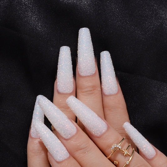 Dreamy Ice Princess Extra Long Coffin Press On Nails Sparkling Frosted White Shimmer Finish